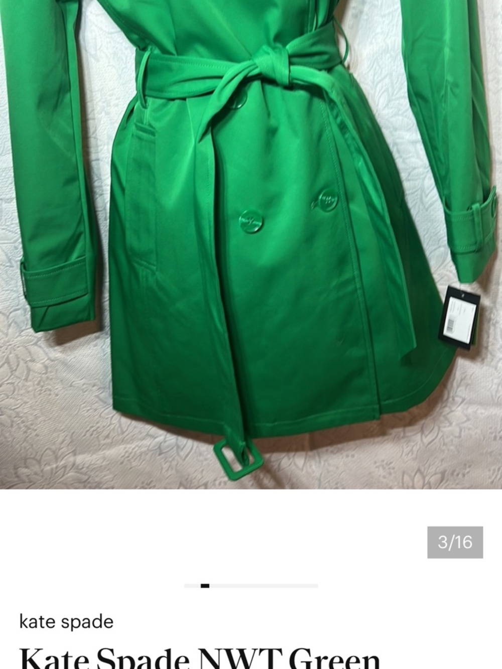 kate spade Bright Green Double-Breasted Trench Coat Pleated Back - Picture 3 of 12